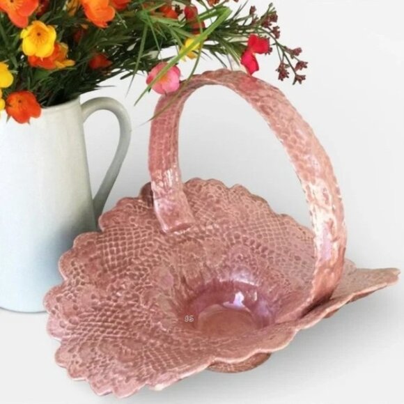 Vtg Signed Lace‑Imprinted Ceramic Basket - Iridescent Peachy Pink Studio Pottery - Picture 13 of 14